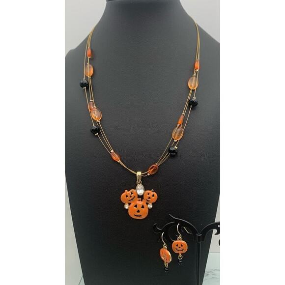 Halloween Jack-o-lantern Orange And Black Necklace And Earrings Lot Set - Picture 1 of 4